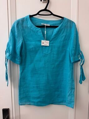 Linen Blend Turquoise Tie-Sleeve Women's Top
